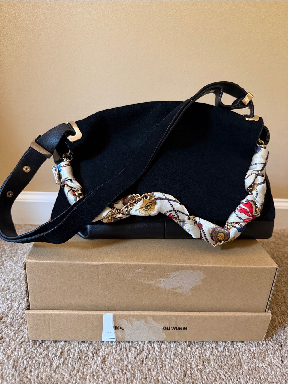 Zara Black Suede Shoulder Bag with Patterned Scarf Chain
